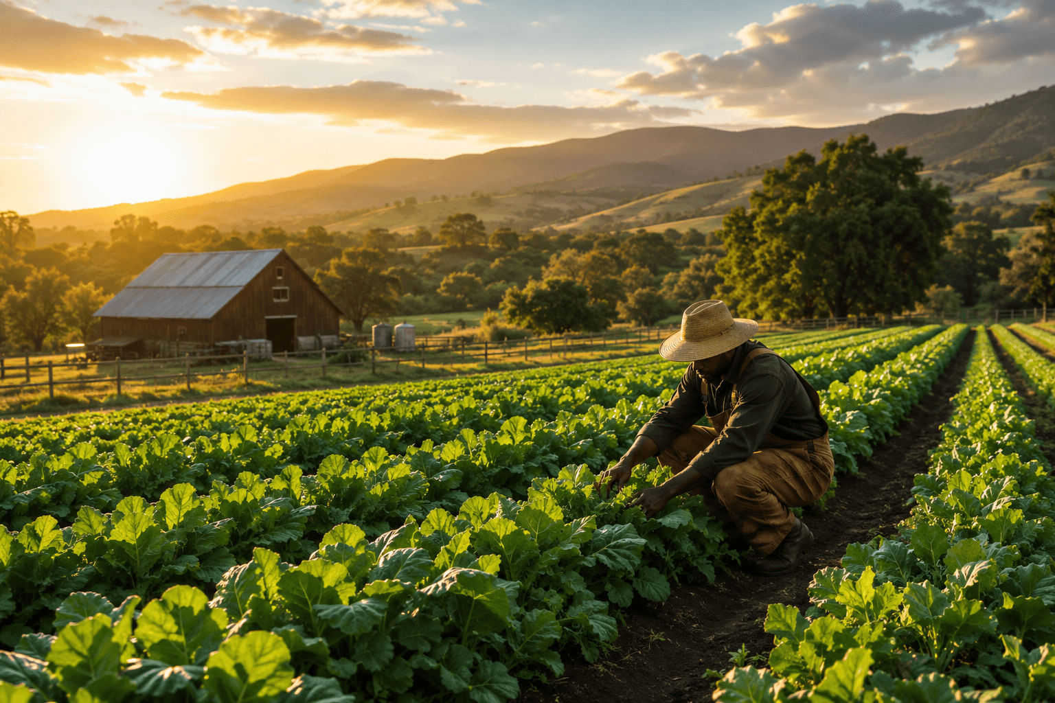 Rows of green crops growing on a farm with mountains in the background